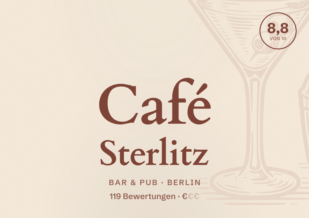 Illustriertes Poster von Café Sterlitz, Bar & Pub in Berlin: Bewertung 8,8 von 10 aus 119 Bewertungen, Preisniveau €