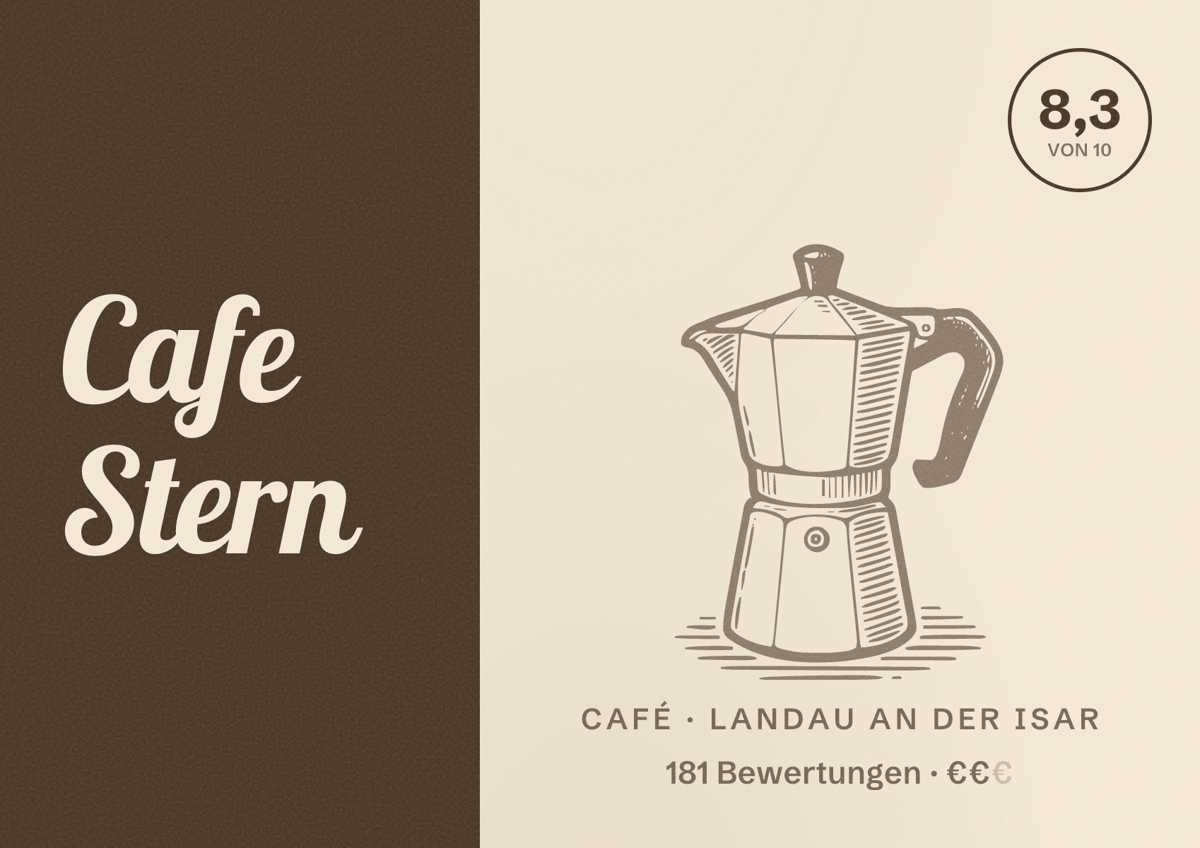 Illustriertes Poster von Cafe Stern, Café in Landau an der Isar: Bewertung 8,3 von 10 aus 181 Bewertungen, Preisniveau €€