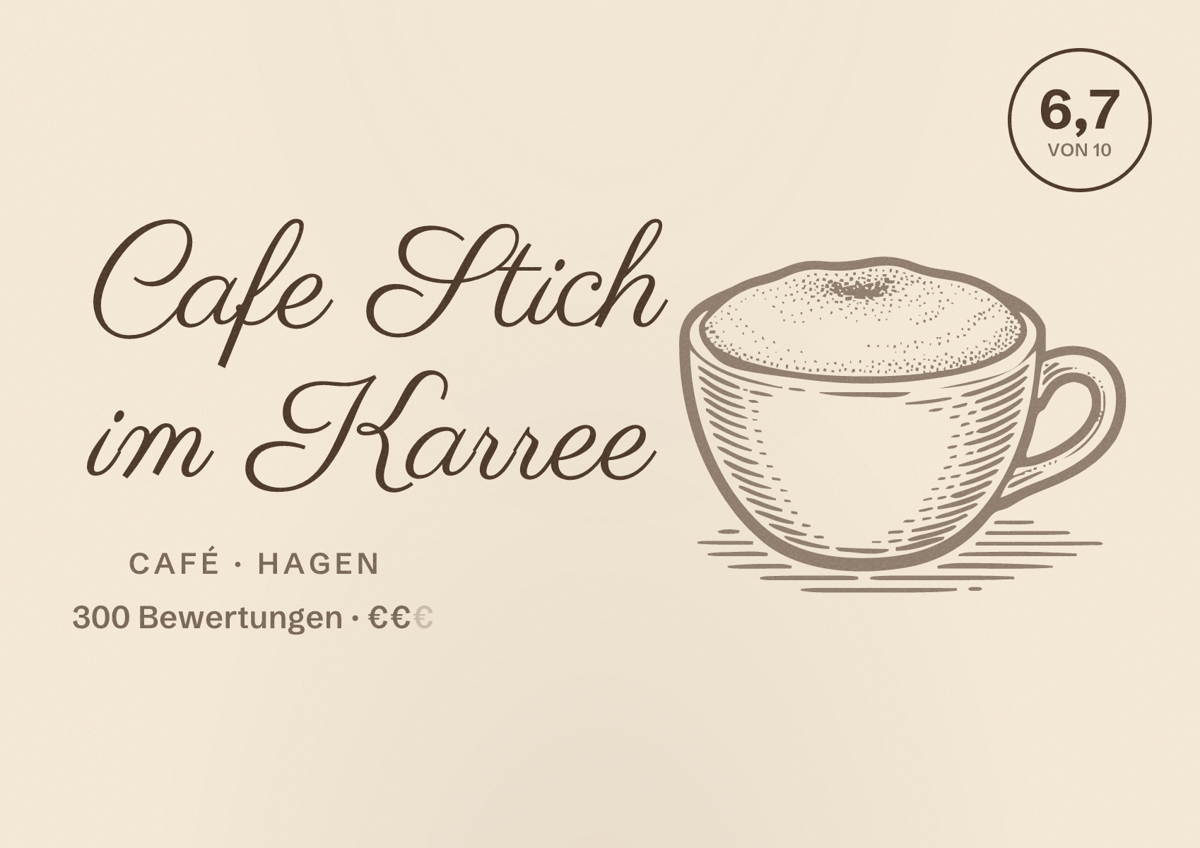 Illustriertes Poster von Cafe Stich im Karree, Café in Hagen: Bewertung 6,7 von 10 aus 300 Bewertungen, Preisniveau €€