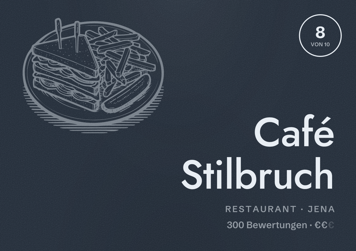 Illustriertes Poster von Café Stilbruch, Restaurant in Jena: Bewertung 8 von 10 aus 300 Bewertungen, Preisniveau €€