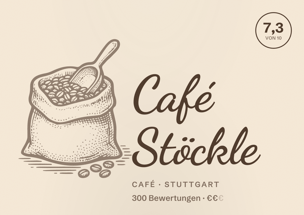 Illustriertes Poster von Café Stöckle, Café in Stuttgart: Bewertung 7,3 von 10 aus 300 Bewertungen, Preisniveau €€