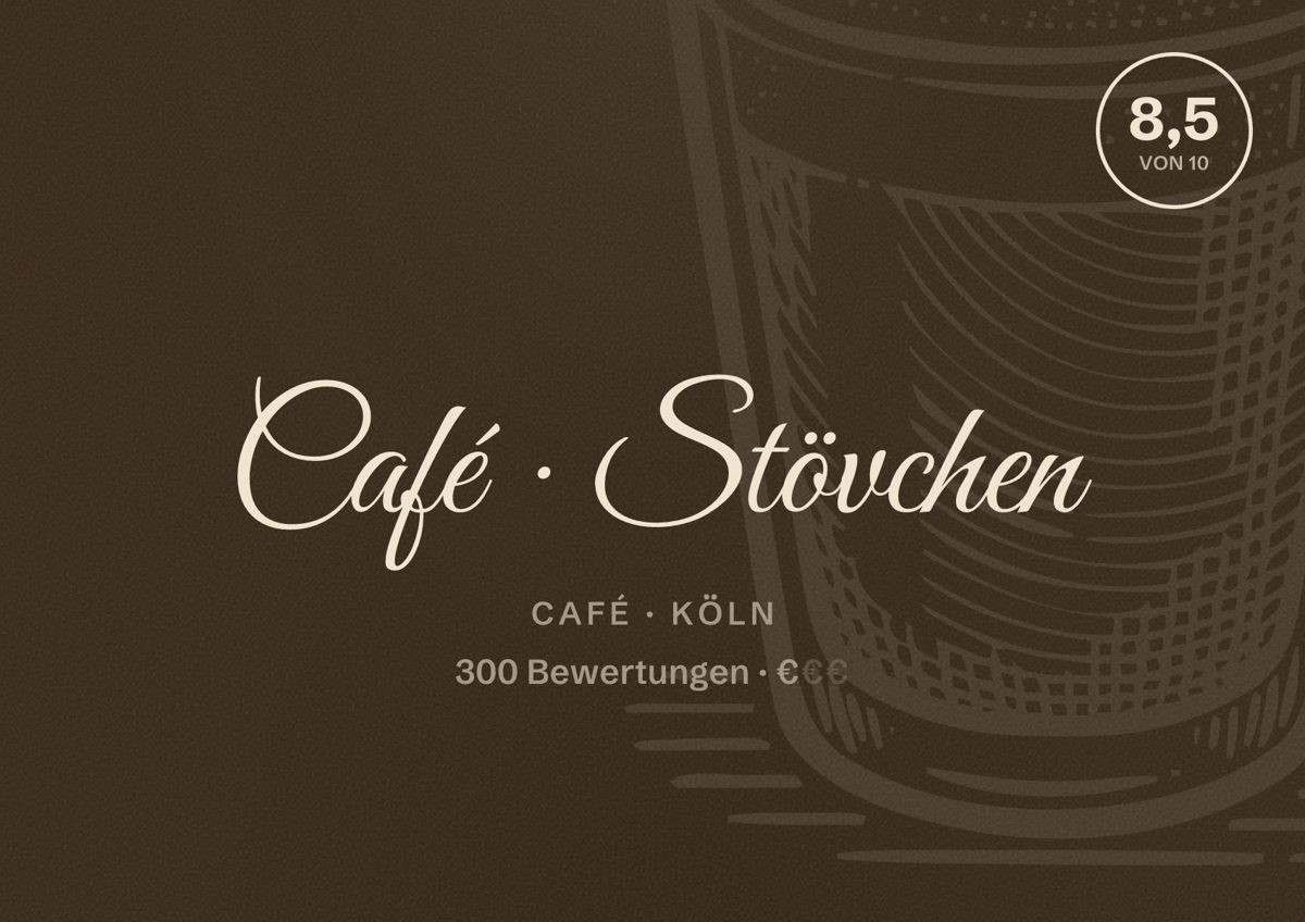 Illustriertes Poster von Café Stövchen, Café in Köln: Bewertung 8,5 von 10 aus 300 Bewertungen, Preisniveau €