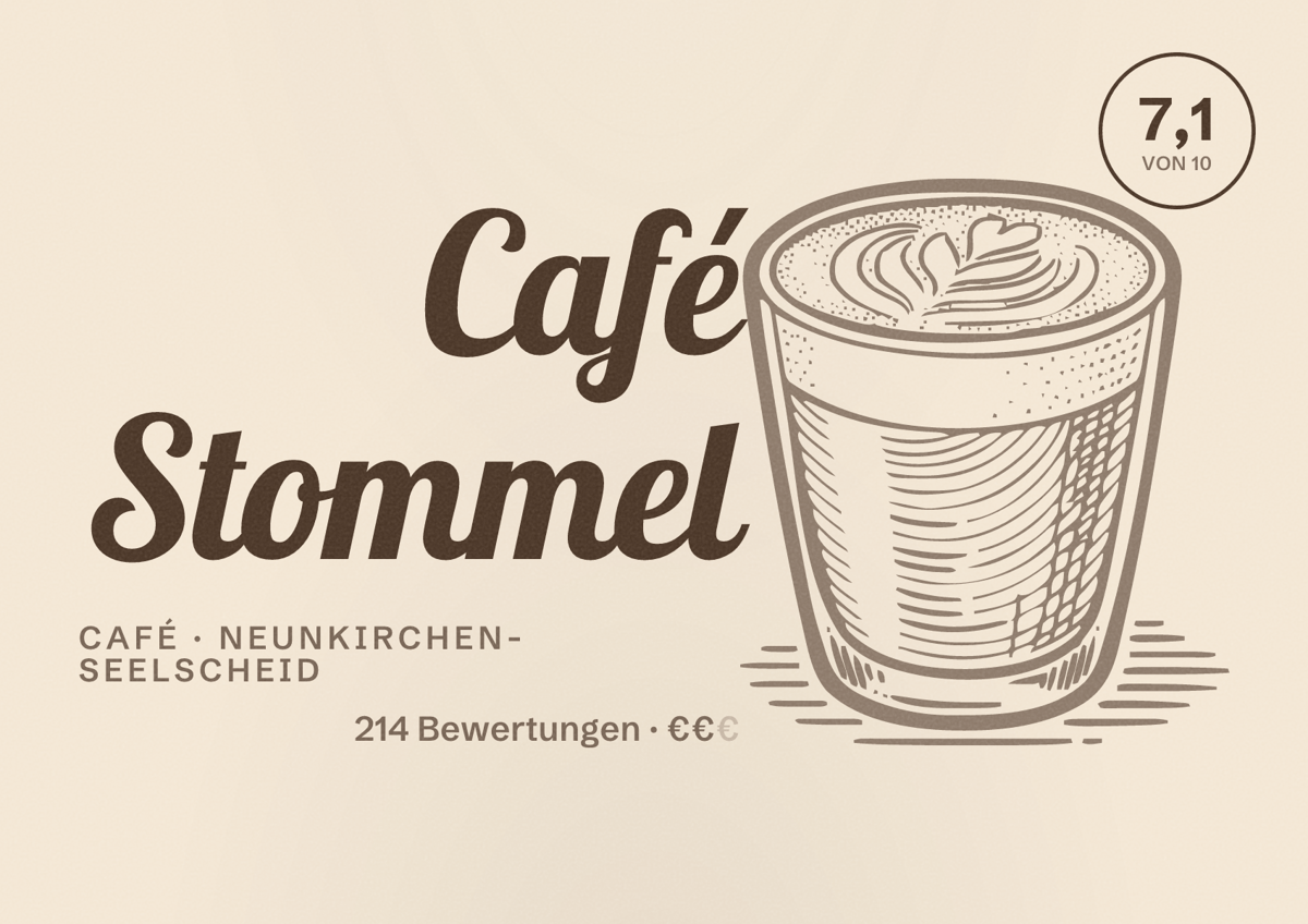 Illustriertes Poster von Café Stommel, Café in Neunkirchen-Seelscheid: Bewertung 7,1 von 10 aus 214 Bewertungen, Preisniveau €€