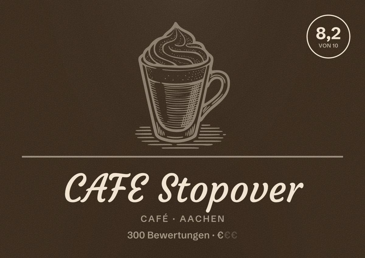 Illustriertes Poster von CAFE Stopover, Café in Aachen: Bewertung 8,2 von 10 aus 300 Bewertungen, Preisniveau €
