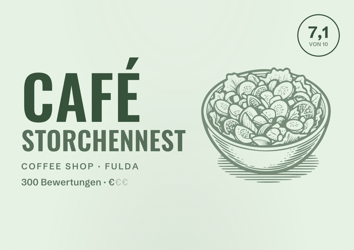 Illustriertes Poster von Café Storchennest, Coffee Shop in Fulda: Bewertung 7,1 von 10 aus 300 Bewertungen, Preisniveau €