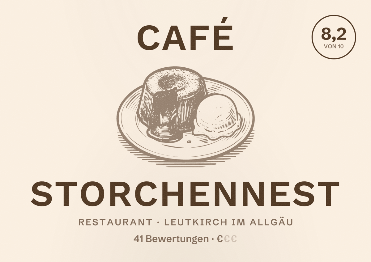 Illustriertes Poster von Café Storchennest, Restaurant in Leutkirch im Allgäu: Bewertung 8,2 von 10 aus 41 Bewertungen, Preisniveau €