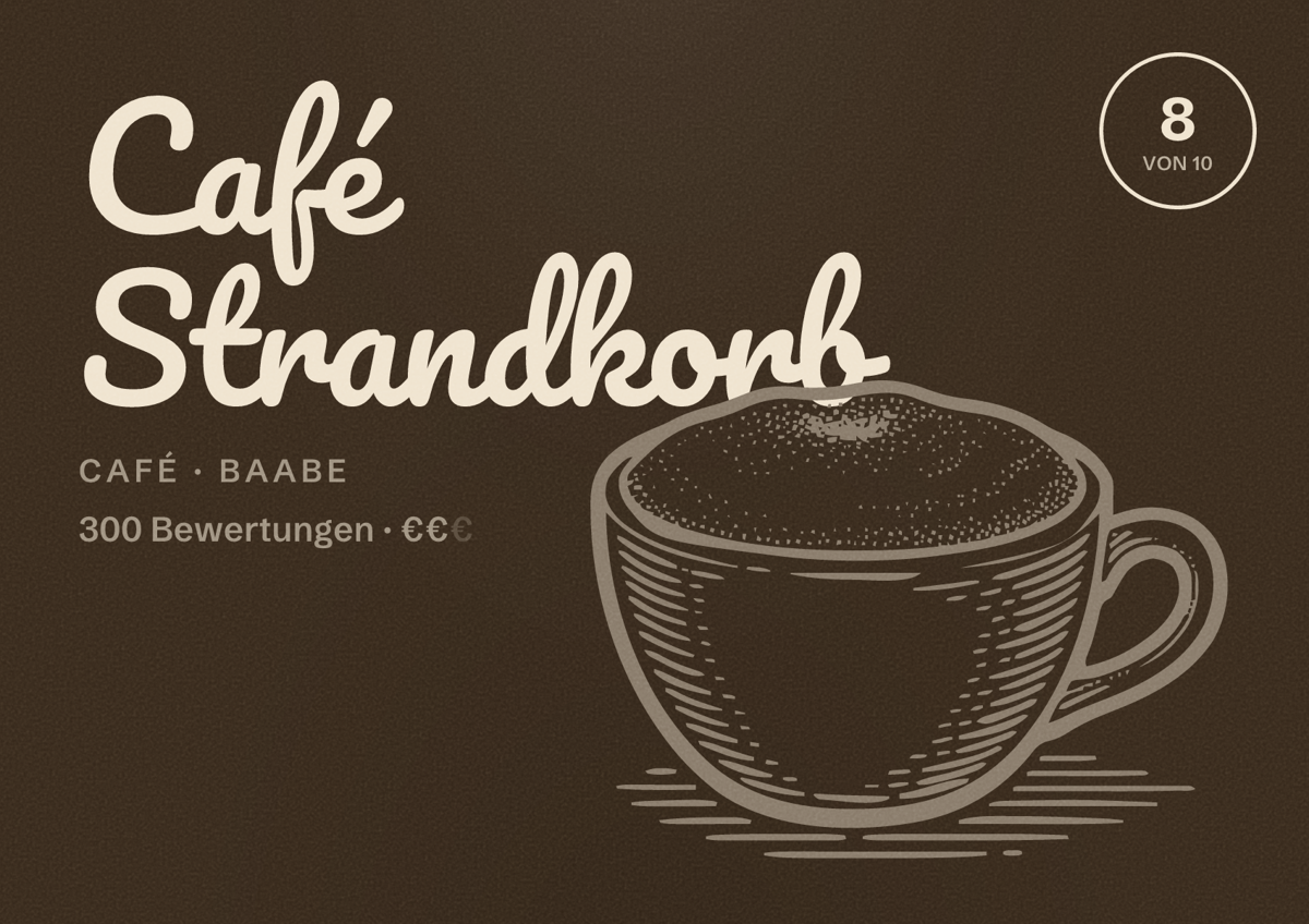 Illustriertes Poster von Café Strandkorb, Café in Baabe: Bewertung 8 von 10 aus 300 Bewertungen, Preisniveau €€