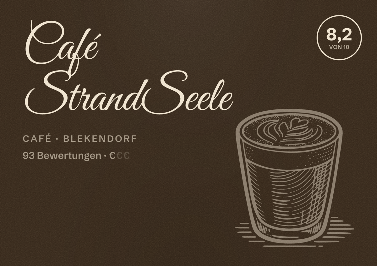 Illustriertes Poster von Café StrandSeele, Café in Blekendorf: Bewertung 8,2 von 10 aus 93 Bewertungen, Preisniveau €