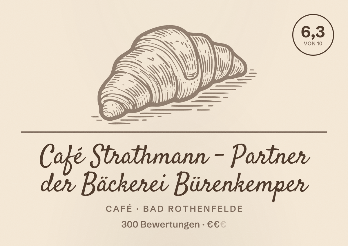 Illustriertes Poster von Café Strathmann - Partner der Bäckerei Bürenkemper, Café in Bad Rothenfelde: Bewertung 6,3 von 10 aus 300 Bewertungen, Preisniveau €€