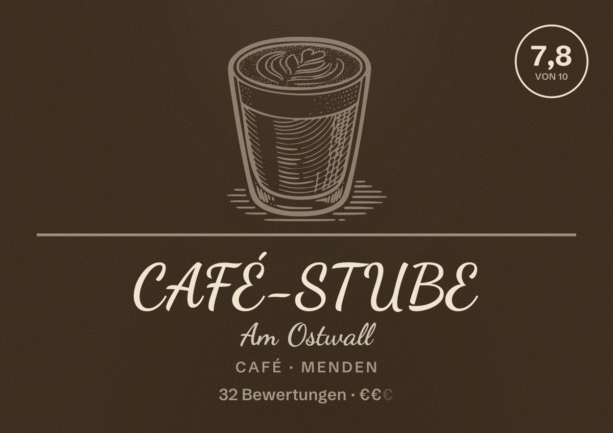Illustriertes Poster von CAFÉ-STUBE Am Ostwall, Café in Menden: Bewertung 7,8 von 10 aus 32 Bewertungen, Preisniveau €€