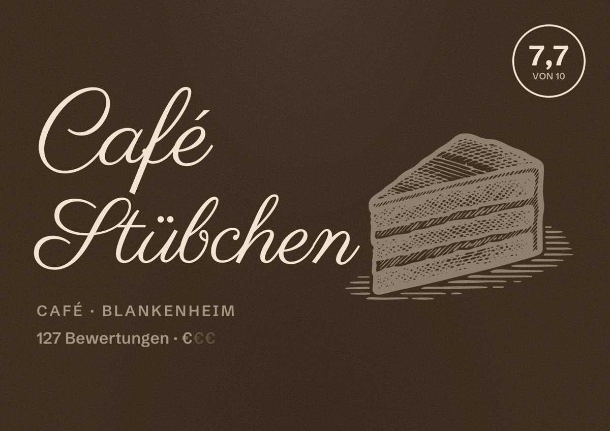 Illustriertes Poster von Café Stübchen, Café in Blankenheim: Bewertung 7,7 von 10 aus 127 Bewertungen, Preisniveau €