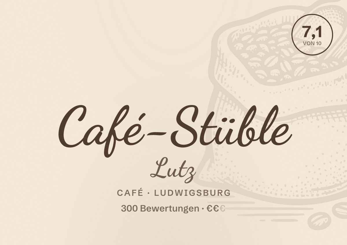 Illustriertes Poster von Café-Stüble Lutz, Café in Ludwigsburg: Bewertung 7,1 von 10 aus 300 Bewertungen, Preisniveau €€