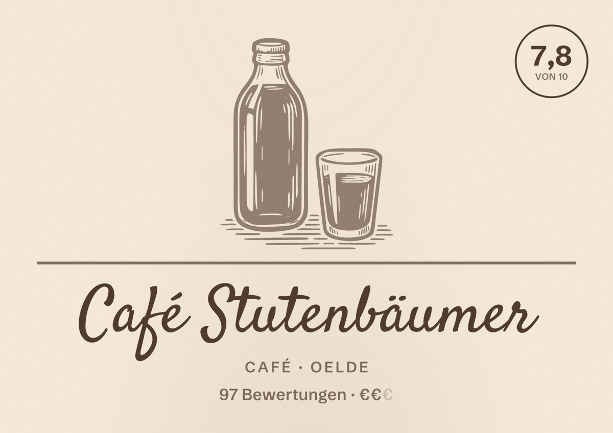 Illustriertes Poster von Café Stutenbäumer, Café in Oelde: Bewertung 7,8 von 10 aus 97 Bewertungen, Preisniveau €€
