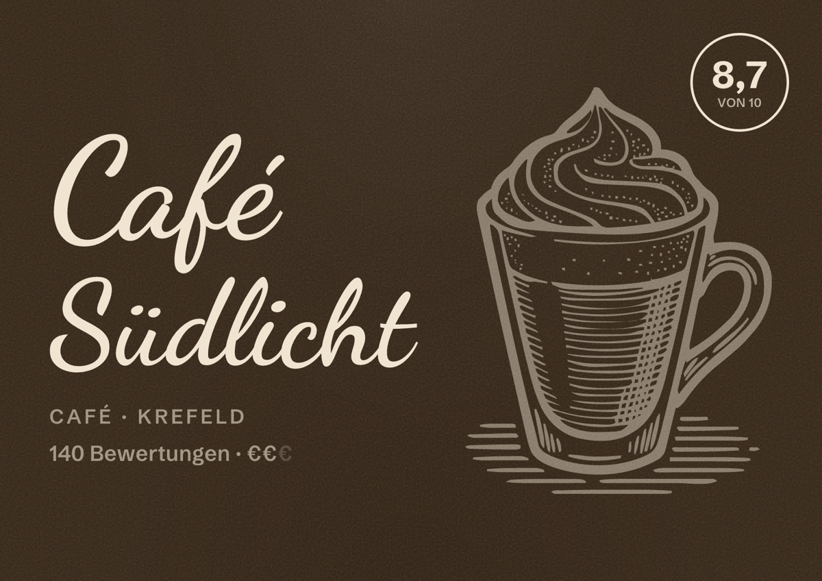 Illustriertes Poster von Café Südlicht, Café in Krefeld: Bewertung 8,7 von 10 aus 140 Bewertungen, Preisniveau €€