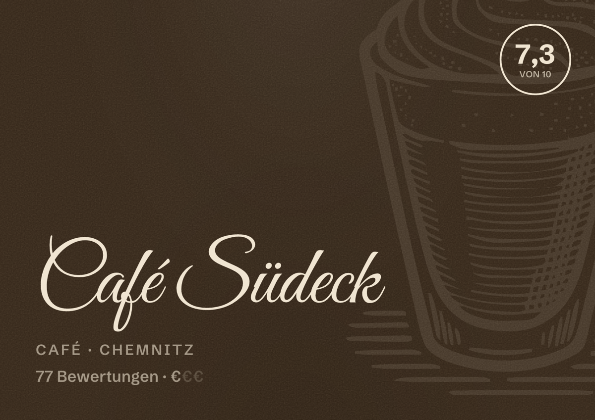 Illustriertes Poster von Café Südeck, Café in Chemnitz: Bewertung 7,3 von 10 aus 77 Bewertungen, Preisniveau €