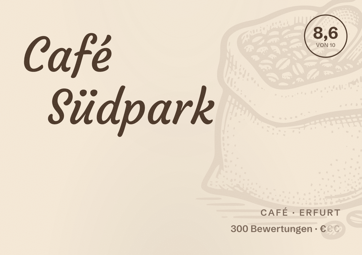 Illustriertes Poster von Café Südpark, Café in Erfurt: Bewertung 8,6 von 10 aus 300 Bewertungen, Preisniveau €