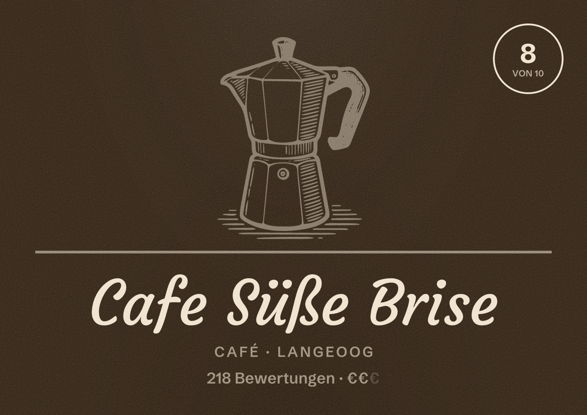 Illustriertes Poster von Cafe Süße Brise, Café in Langeoog: Bewertung 8 von 10 aus 218 Bewertungen, Preisniveau €€