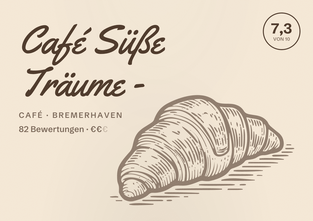Illustriertes Poster von Café Süße Träume -, Café in Bremerhaven: Bewertung 7,3 von 10 aus 82 Bewertungen, Preisniveau €€