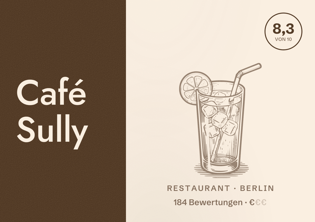 Illustriertes Poster von Café Sully, Restaurant in Berlin: Bewertung 8,3 von 10 aus 184 Bewertungen, Preisniveau €