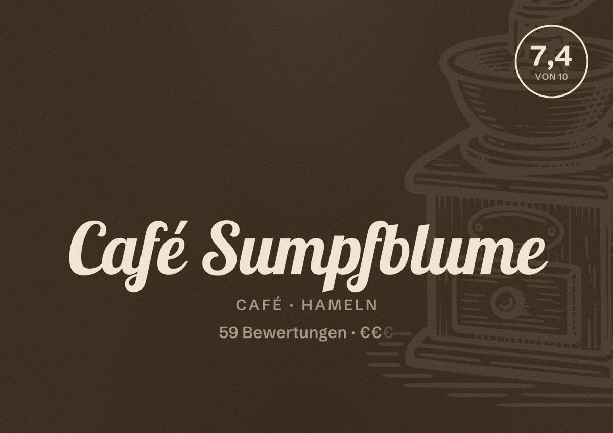 Illustriertes Poster von Café Sumpfblume, Café in Hameln: Bewertung 7,4 von 10 aus 59 Bewertungen, Preisniveau €€