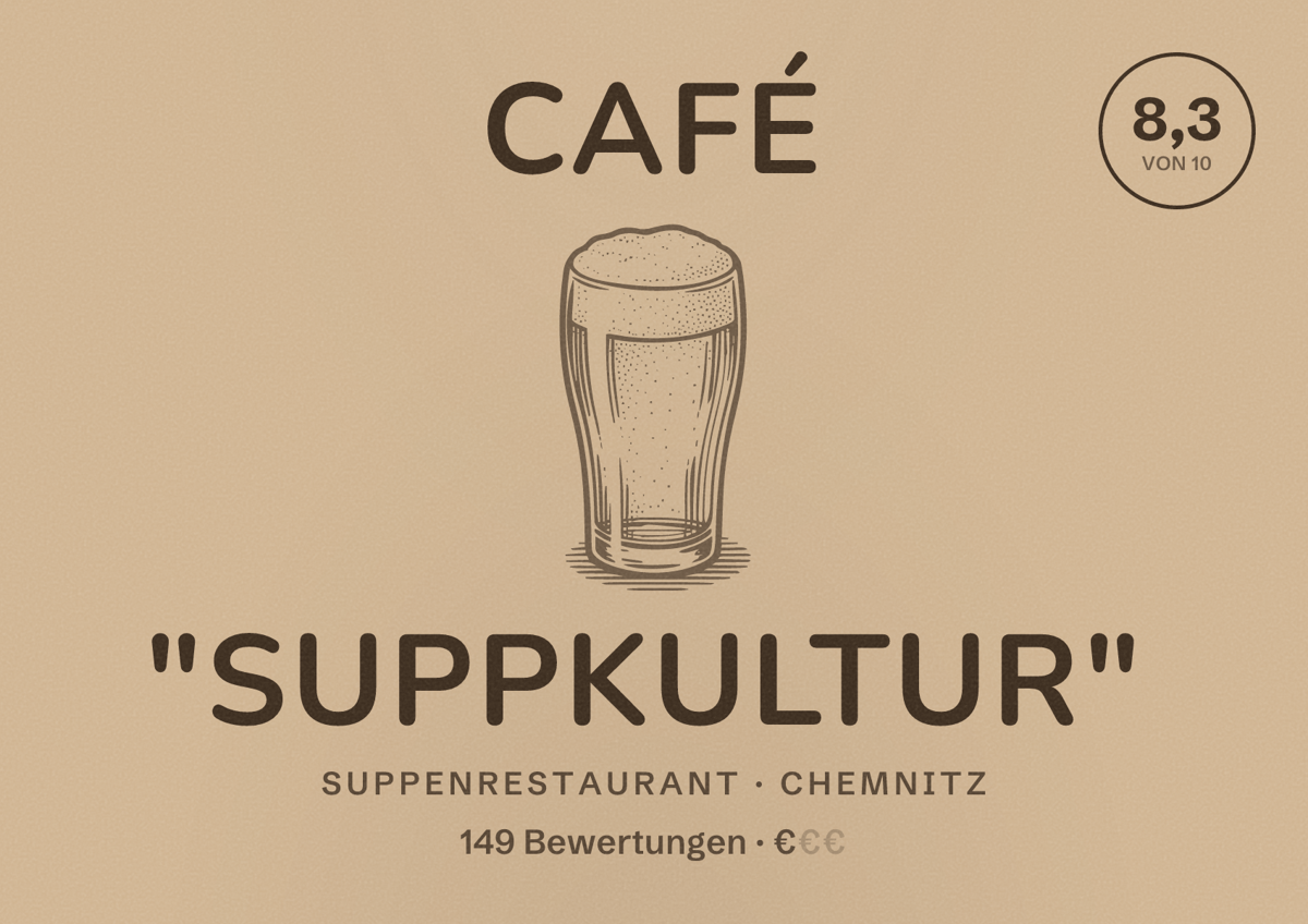 Illustriertes Poster von Café "Suppkultur", Suppenrestaurant in Chemnitz: Bewertung 8,3 von 10 aus 149 Bewertungen, Preisniveau €