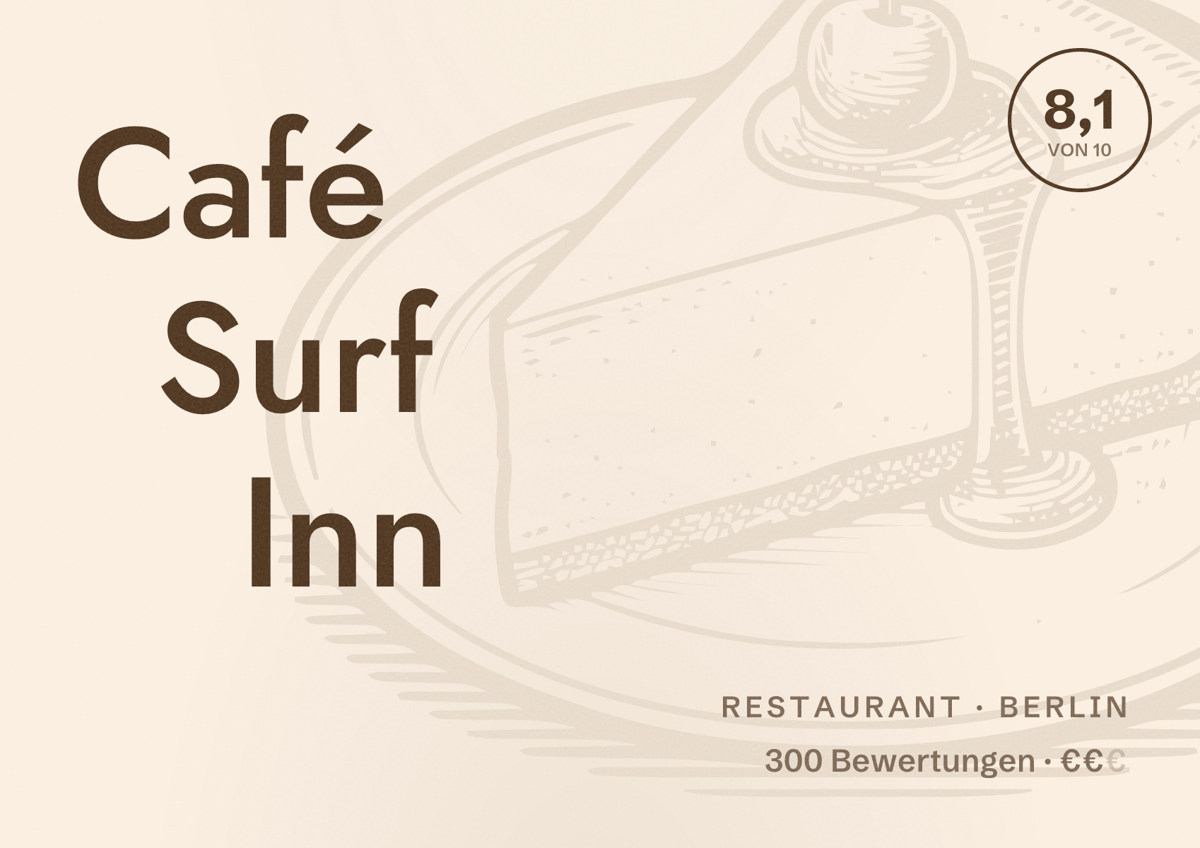 Illustriertes Poster von Café Surf Inn, Restaurant in Berlin: Bewertung 8,1 von 10 aus 300 Bewertungen, Preisniveau €€