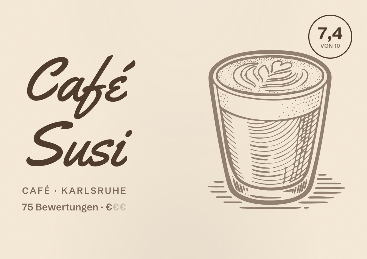 Illustriertes Poster von Café Susi, Café in Karlsruhe: Bewertung 7,4 von 10 aus 75 Bewertungen, Preisniveau €