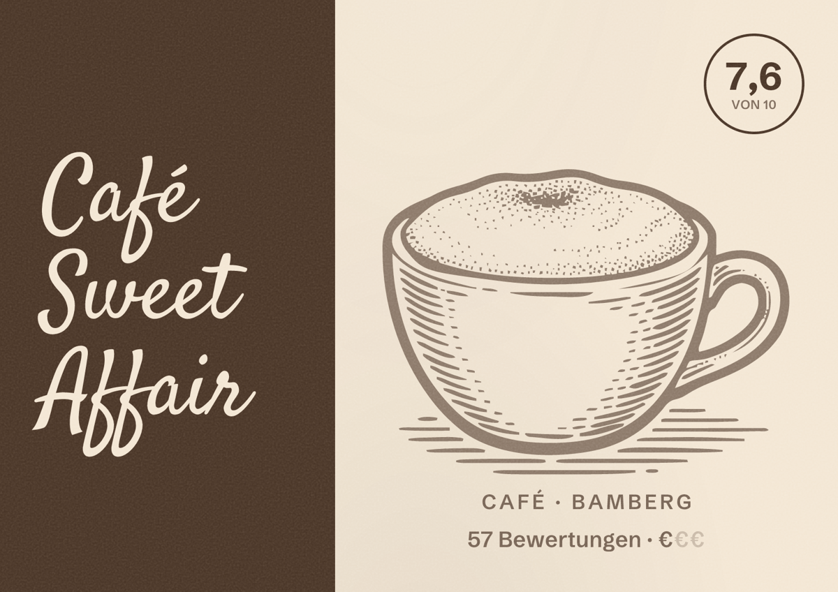 Illustriertes Poster von Café Sweet Affair, Café in Bamberg: Bewertung 7,6 von 10 aus 57 Bewertungen, Preisniveau €