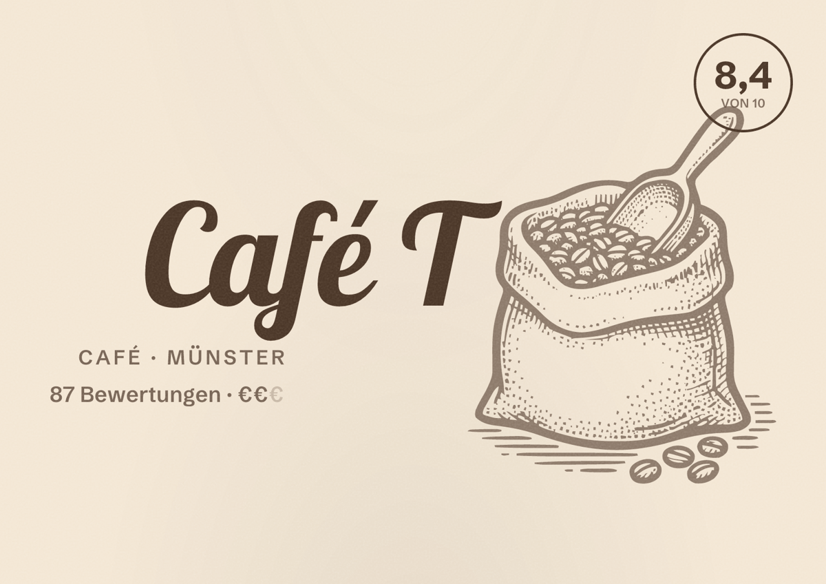 Illustriertes Poster von Café T, Café in Münster: Bewertung 8,4 von 10 aus 87 Bewertungen, Preisniveau €€