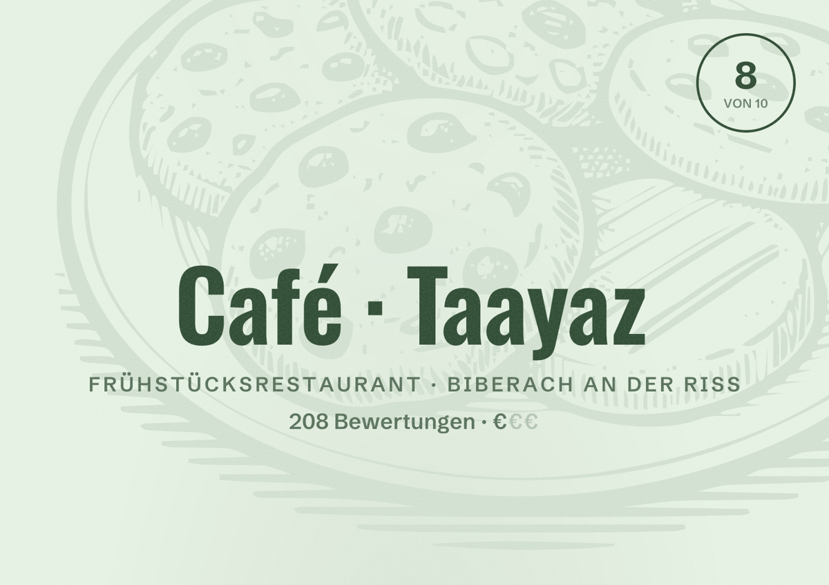 Illustriertes Poster von Café Taayaz, Frühstücksrestaurant in Biberach an der Riß: Bewertung 8 von 10 aus 208 Bewertungen, Preisniveau €