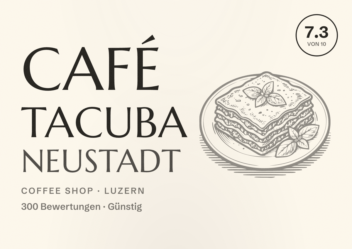 Illustriertes Poster von Café Tacuba Neustadt, Coffee Shop in Luzern: Bewertung 7.3 von 10 aus 300 Bewertungen, Preisniveau Günstig