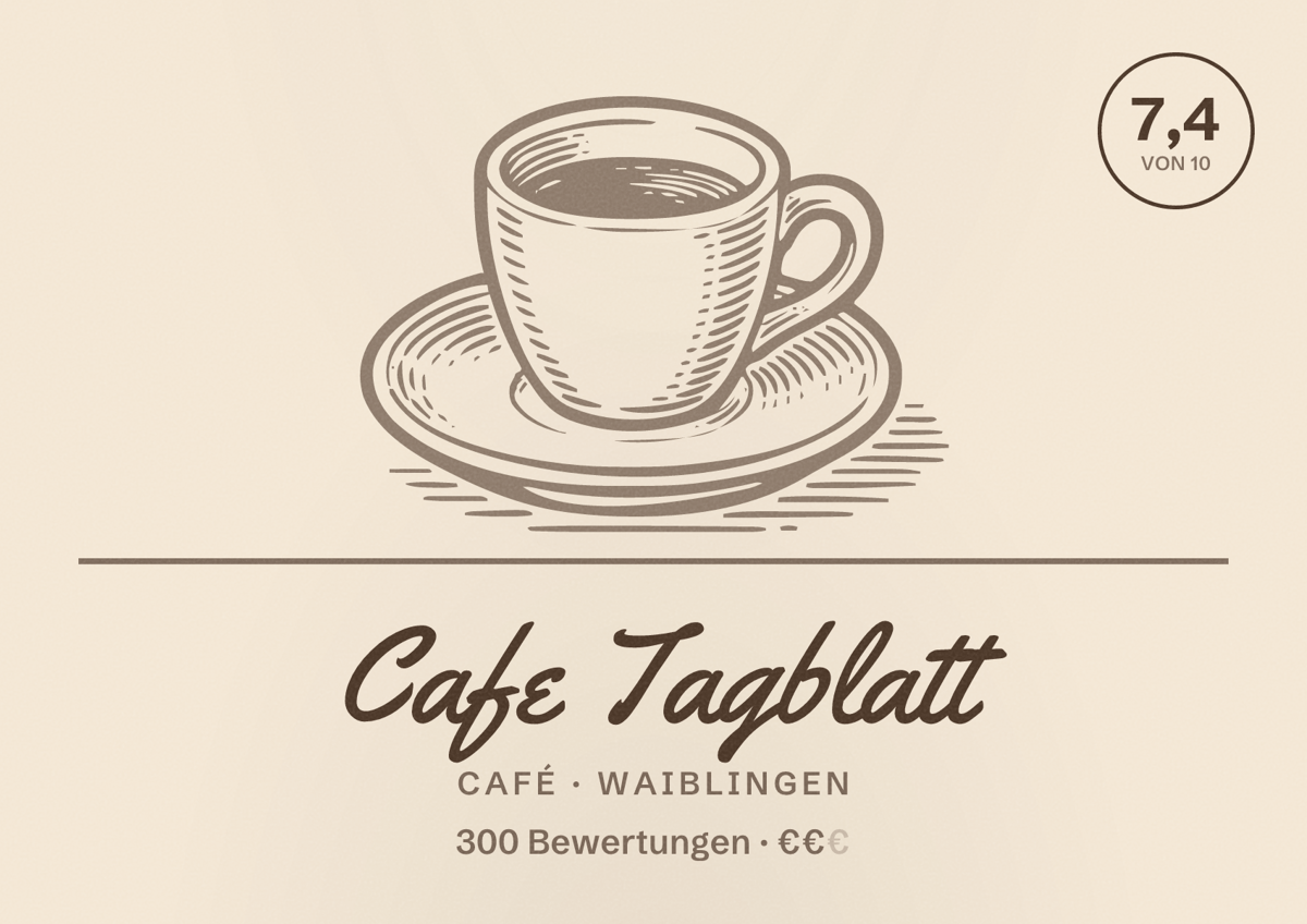 Illustriertes Poster von Cafe Tagblatt, Café in Waiblingen: Bewertung 7,4 von 10 aus 300 Bewertungen, Preisniveau €€