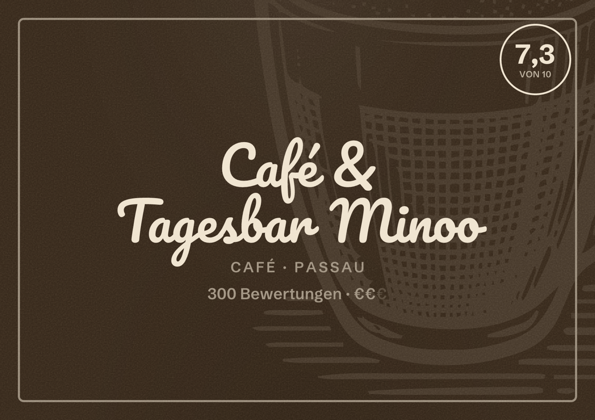 Illustriertes Poster von Café & Tagesbar Minoo, Café in Passau: Bewertung 7,3 von 10 aus 300 Bewertungen, Preisniveau €€