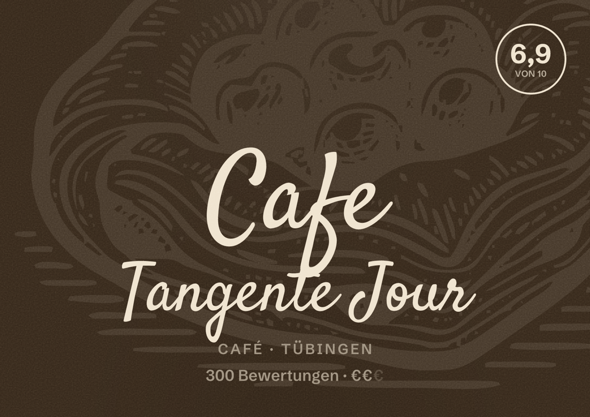 Illustriertes Poster von Cafe Tangente Jour, Café in Tübingen: Bewertung 6,9 von 10 aus 300 Bewertungen, Preisniveau €€