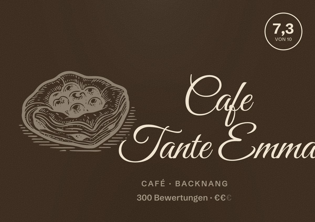 Illustriertes Poster von Cafe Tante Emma, Café in Backnang: Bewertung 7,3 von 10 aus 300 Bewertungen, Preisniveau €€