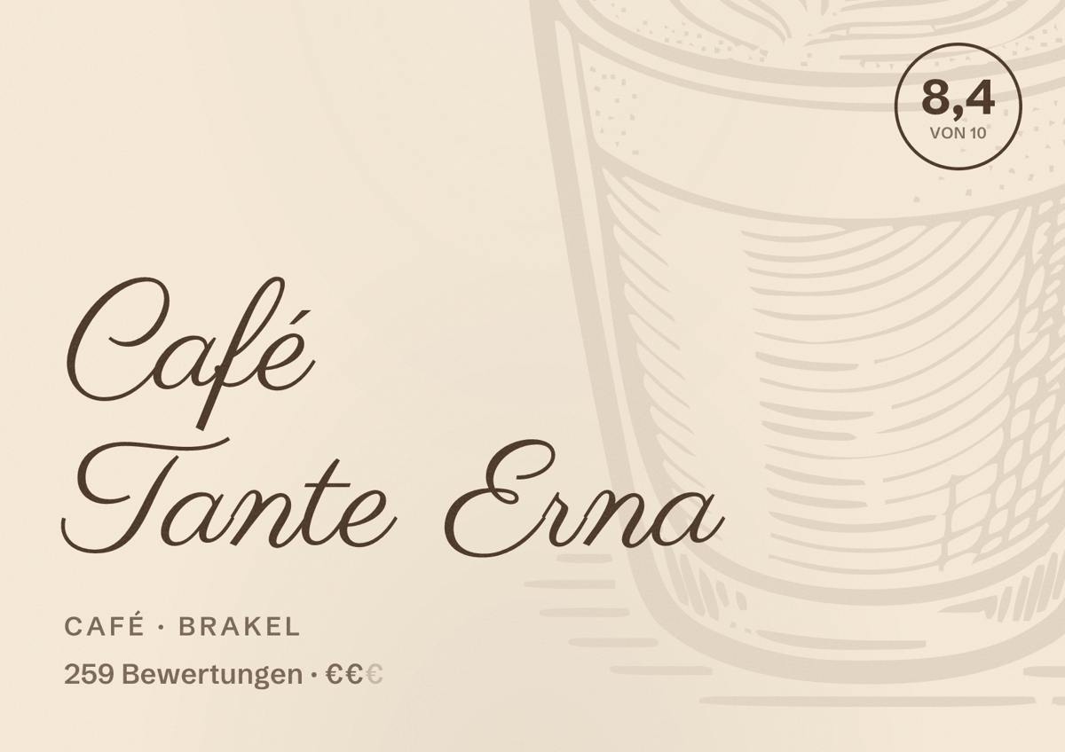 Illustriertes Poster von Café Tante Erna, Café in Brakel: Bewertung 8,4 von 10 aus 259 Bewertungen, Preisniveau €€