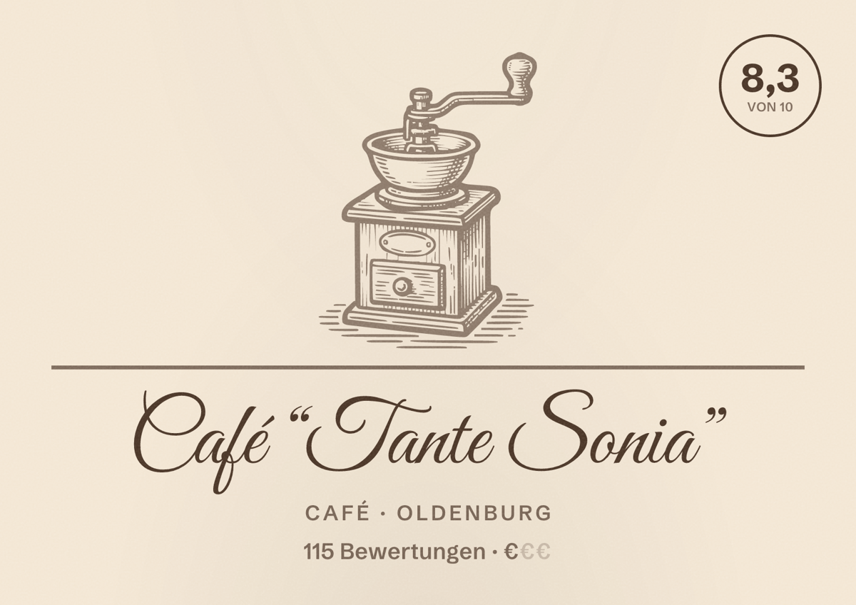 Illustriertes Poster von Café “Tante Sonia”, Café in Oldenburg: Bewertung 8,3 von 10 aus 115 Bewertungen, Preisniveau €