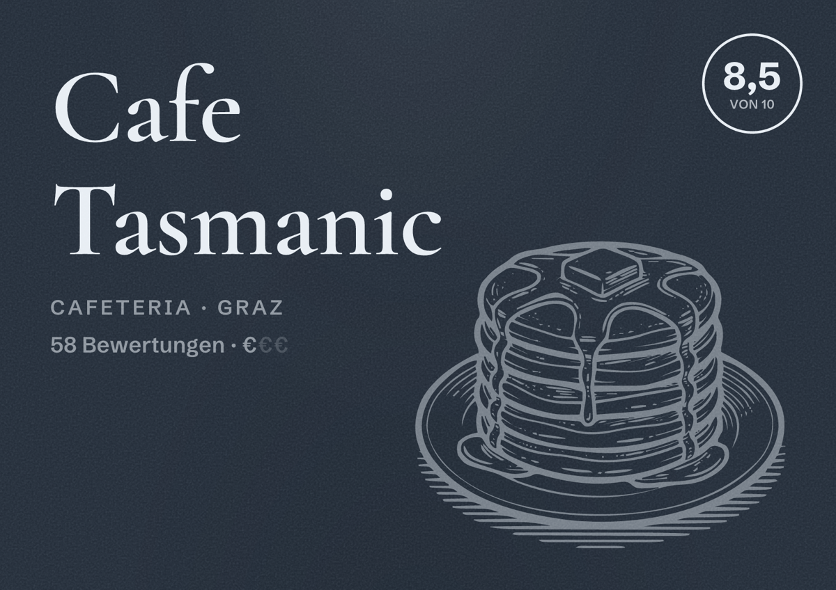 Illustriertes Poster von Cafe Tasmanic, Cafeteria in Graz: Bewertung 8,5 von 10 aus 58 Bewertungen, Preisniveau €