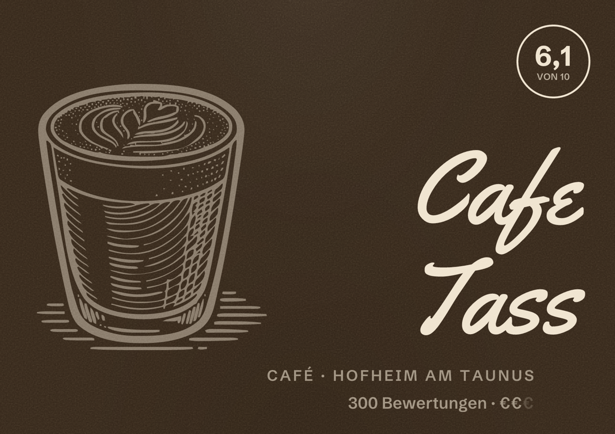 Illustriertes Poster von Cafe Tass, Café in Hofheim am Taunus: Bewertung 6,1 von 10 aus 300 Bewertungen, Preisniveau €€
