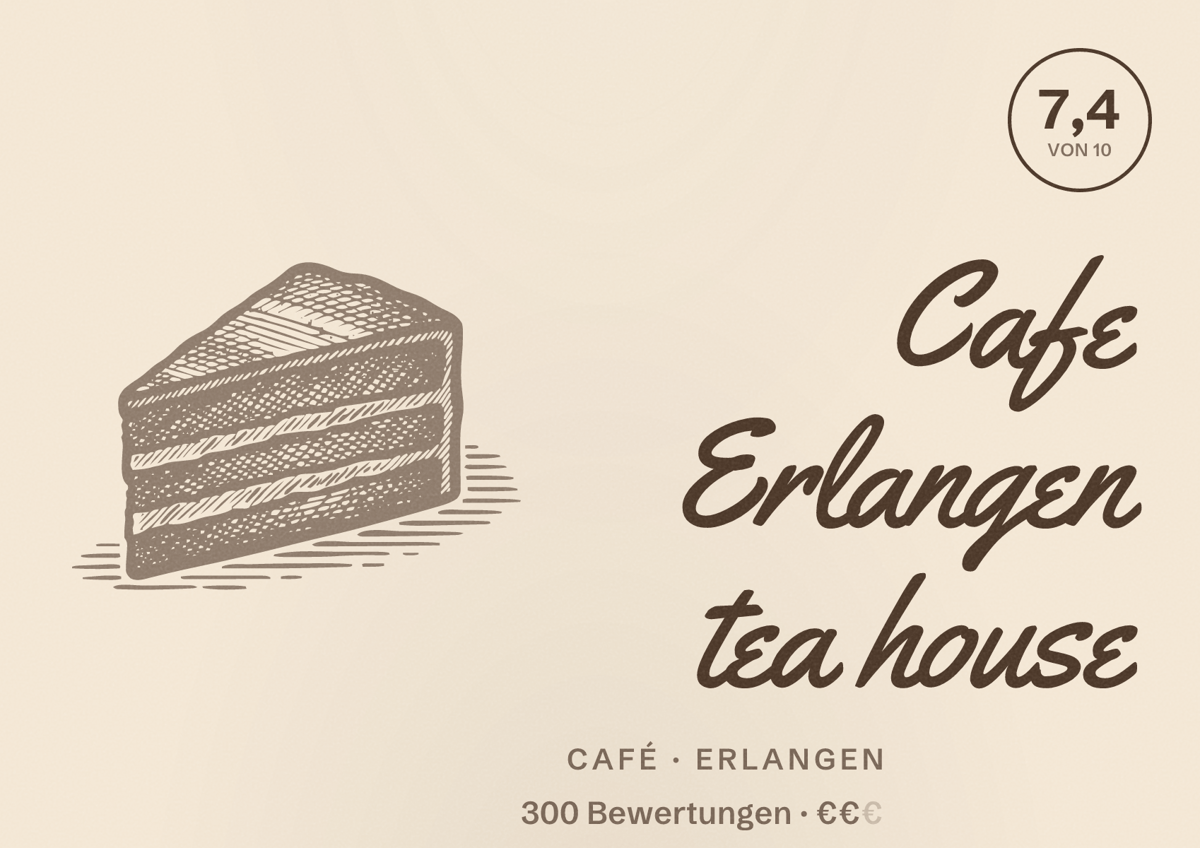 Illustriertes Poster von Cafe Erlangen tea house, Café in Erlangen: Bewertung 7,4 von 10 aus 300 Bewertungen, Preisniveau €€