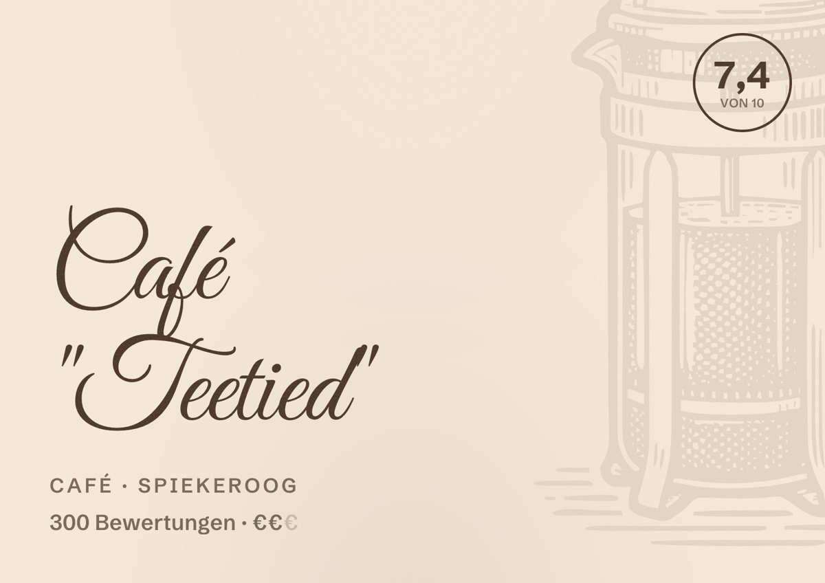Illustriertes Poster von Café "Teetied", Café in Spiekeroog: Bewertung 7,4 von 10 aus 300 Bewertungen, Preisniveau €€