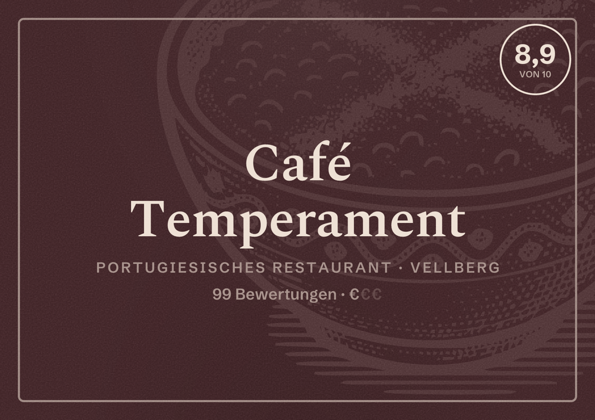 Illustriertes Poster von Café Temperament, Portugiesisches Restaurant in Vellberg: Bewertung 8,9 von 10 aus 99 Bewertungen, Preisniveau €