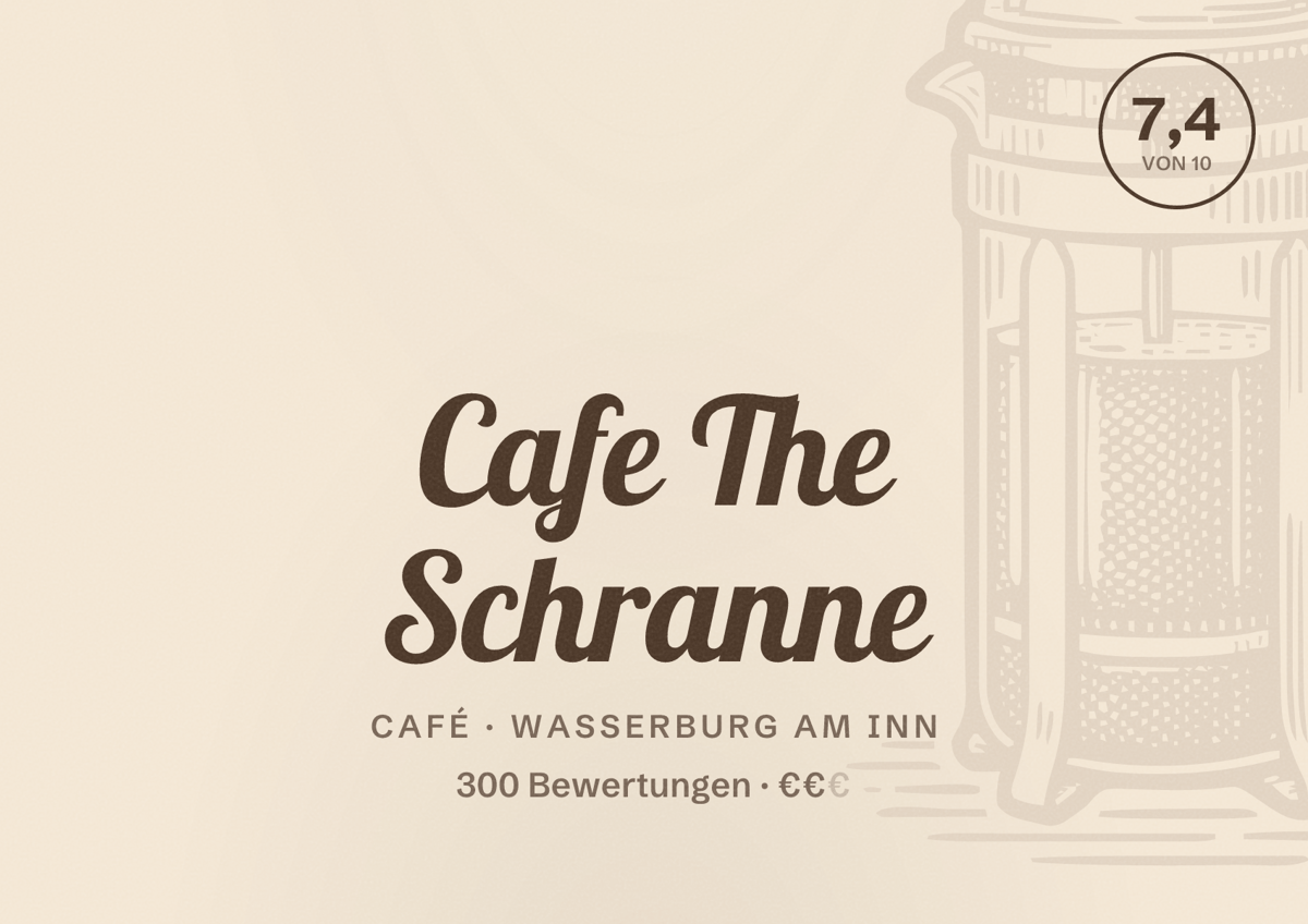 Illustriertes Poster von Cafe The Schranne, Café in Wasserburg am Inn: Bewertung 7,4 von 10 aus 300 Bewertungen, Preisniveau €€