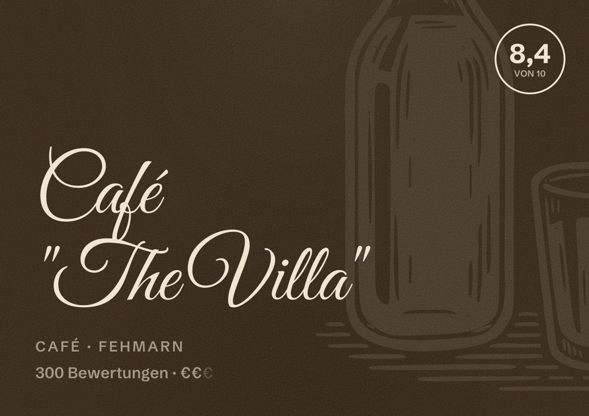 Illustriertes Poster von Café "The Villa", Café in Fehmarn: Bewertung 8,4 von 10 aus 300 Bewertungen, Preisniveau €€