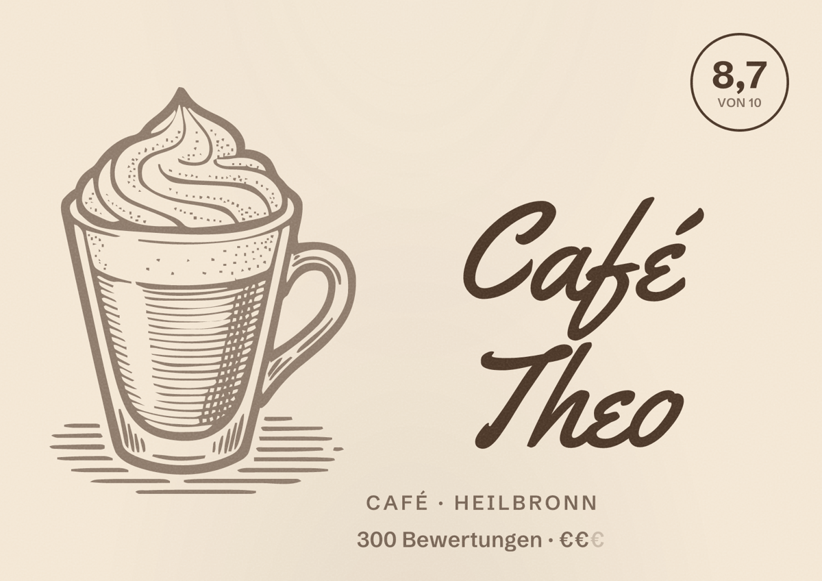 Illustriertes Poster von Café Theo, Café in Heilbronn: Bewertung 8,7 von 10 aus 300 Bewertungen, Preisniveau €€