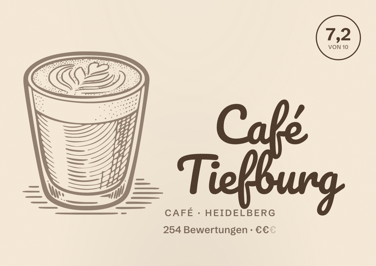 Illustriertes Poster von Café Tiefburg, Café in Heidelberg: Bewertung 7,2 von 10 aus 254 Bewertungen, Preisniveau €€