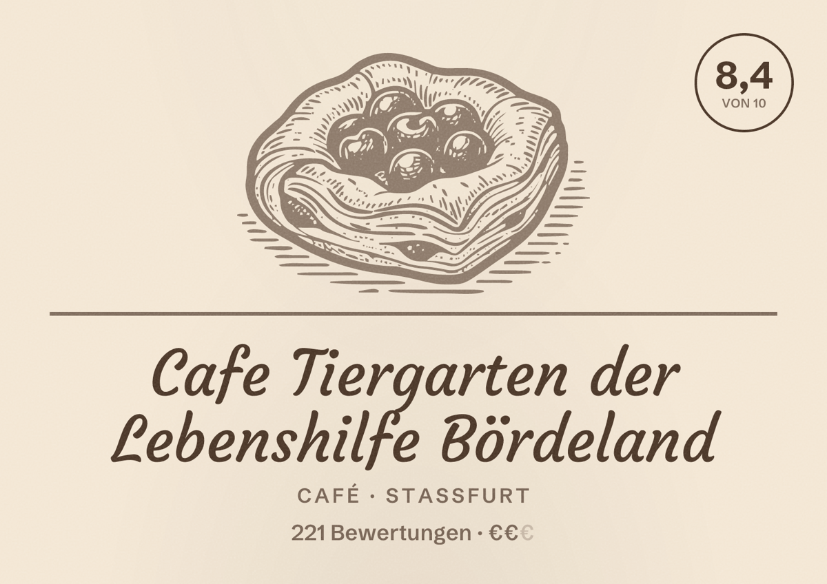 Illustriertes Poster von Cafe Tiergarten der Lebenshilfe Bördeland, Café in Staßfurt: Bewertung 8,4 von 10 aus 221 Bewertungen, Preisniveau €€