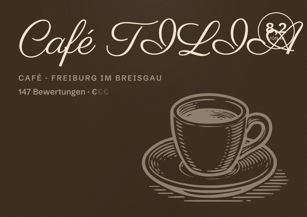 Illustriertes Poster von Café TILIA, Café in Freiburg im Breisgau: Bewertung 8,2 von 10 aus 147 Bewertungen, Preisniveau €