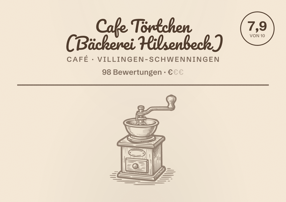 Illustriertes Poster von Cafe Törtchen (Bäckerei Hilsenbeck), Café in Villingen-Schwenningen: Bewertung 7,9 von 10 aus 98 Bewertungen, Preisniveau €
