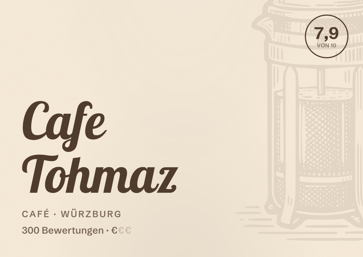 Illustriertes Poster von Cafe Tohmaz, Café in Würzburg: Bewertung 7,9 von 10 aus 300 Bewertungen, Preisniveau €